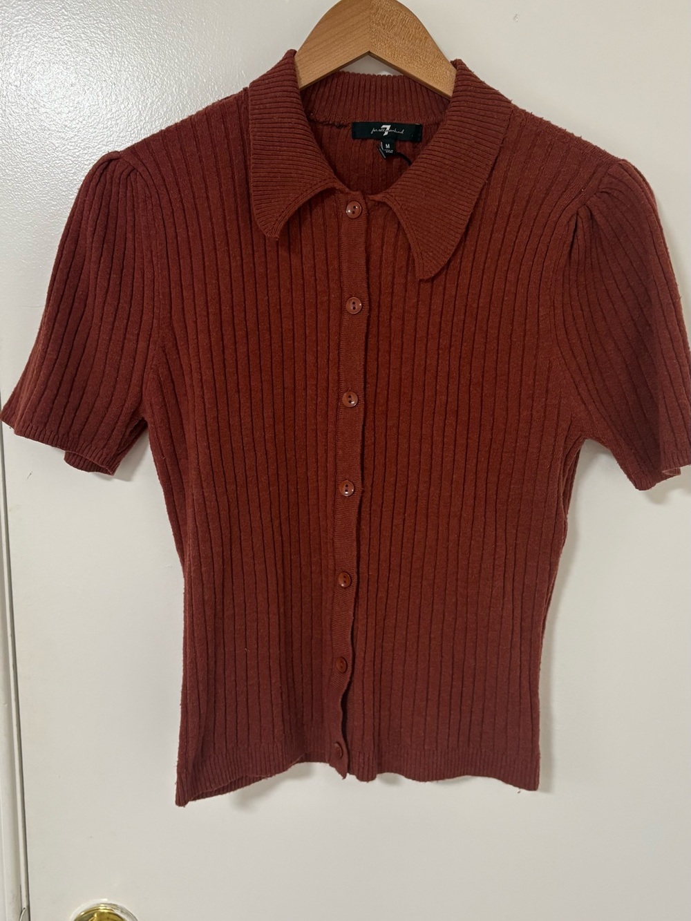 7 For All Mankind Ribbed Short-Sleeve Button-Up Top in Deep Rust